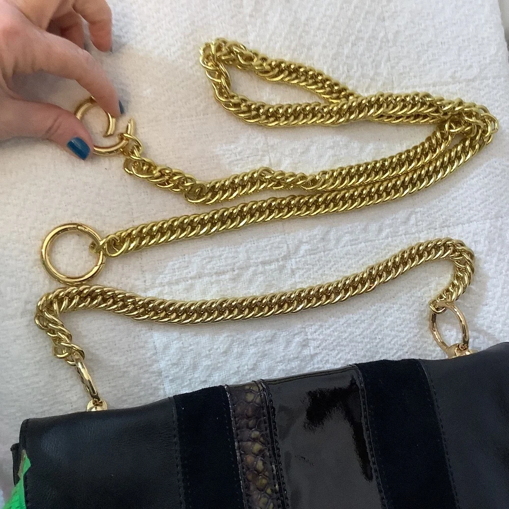 EUC Halston Heritage Black Leather suede shoulder  crossbody gold chain - Picture 5 of 17